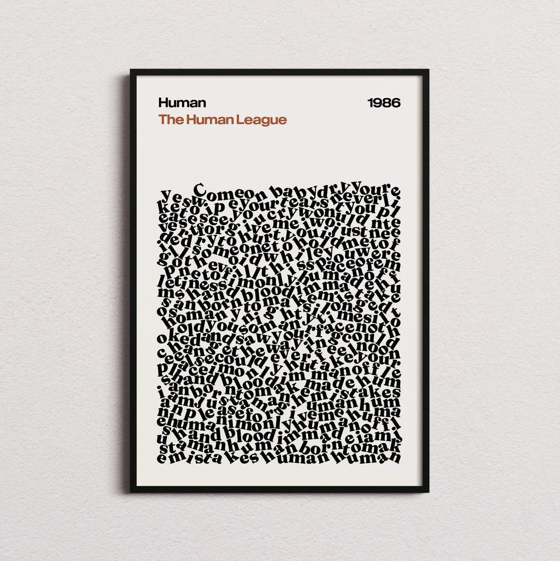 The Human League Human Lyric Print in the cream colourway, framed