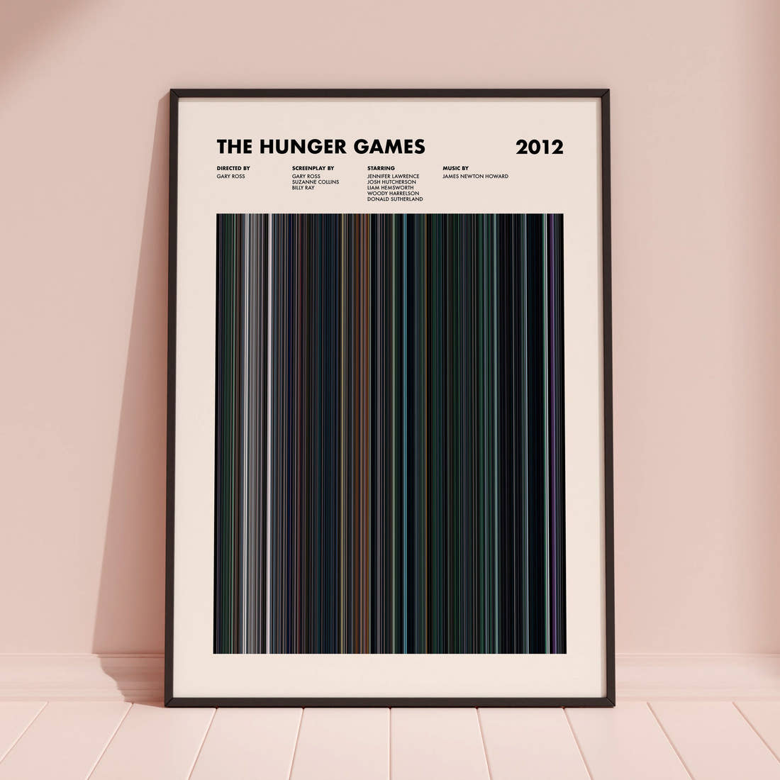 The Hunger Games Movie Barcode Poster framed and leaning against a coloured wall