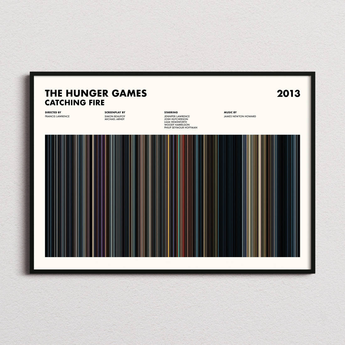 The Hunger Games: Catching Fire Movie Barcode Poster framed and photographed straight on