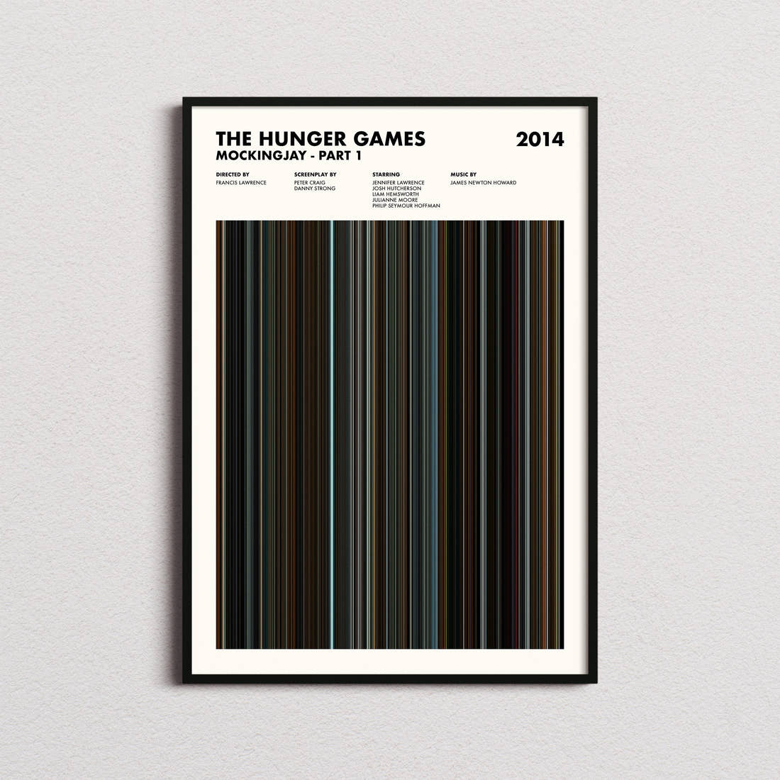 The Hunger Games: Mockingjay Part 1 Movie Barcode Poster framed on a plain studio wall