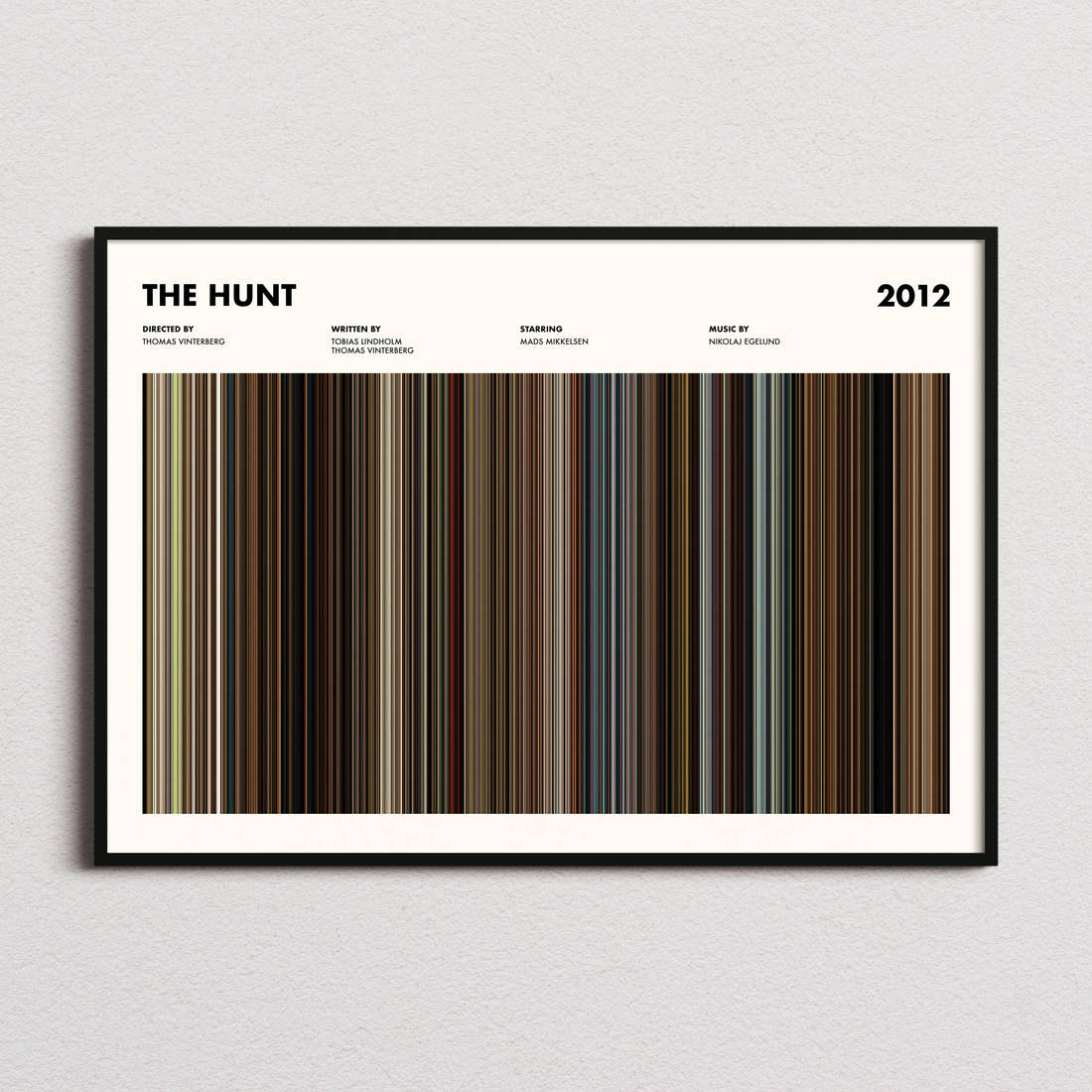 The Hunt 2012 Movie Barcode Poster framed and photographed straight on