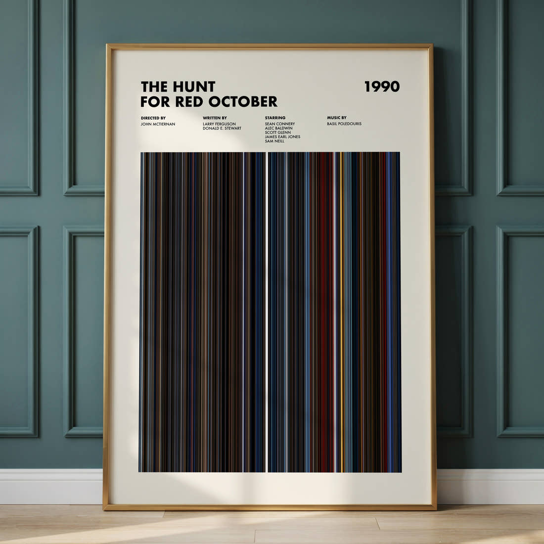 The Hunt For Red October Movie Barcode Poster framed and leaning against a panelled wall
