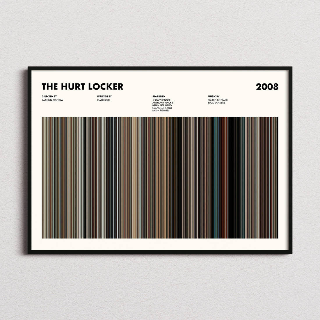The Hurt Locker Movie Barcode Poster framed and photographed straight on