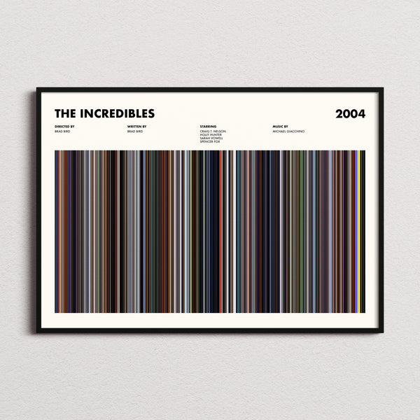 The Incredibles Movie Barcode Poster framed and photographed straight on