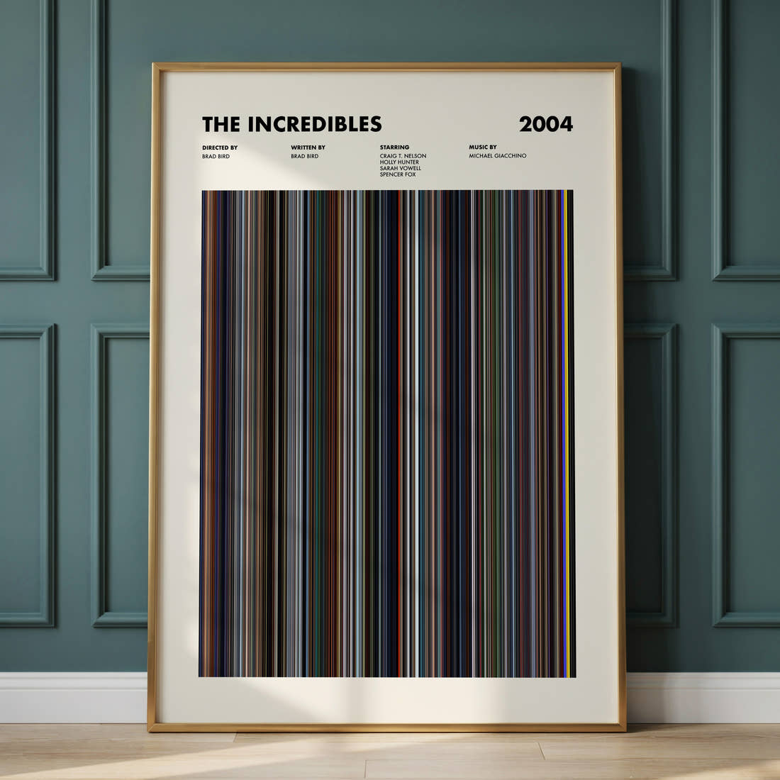 The Incredibles Movie Barcode Poster framed and leaning against a panelled wall