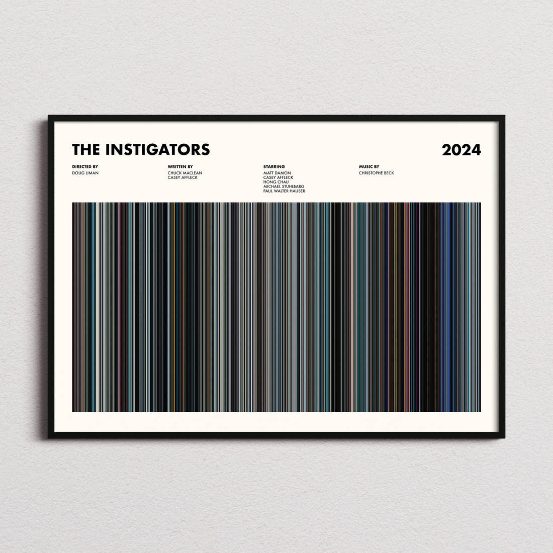 The Instigators Movie Barcode Poster framed and photographed straight on
