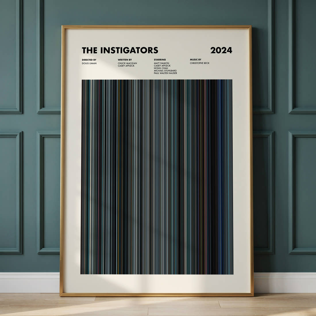 The Instigators Movie Barcode Poster framed and leaning against a panelled wall