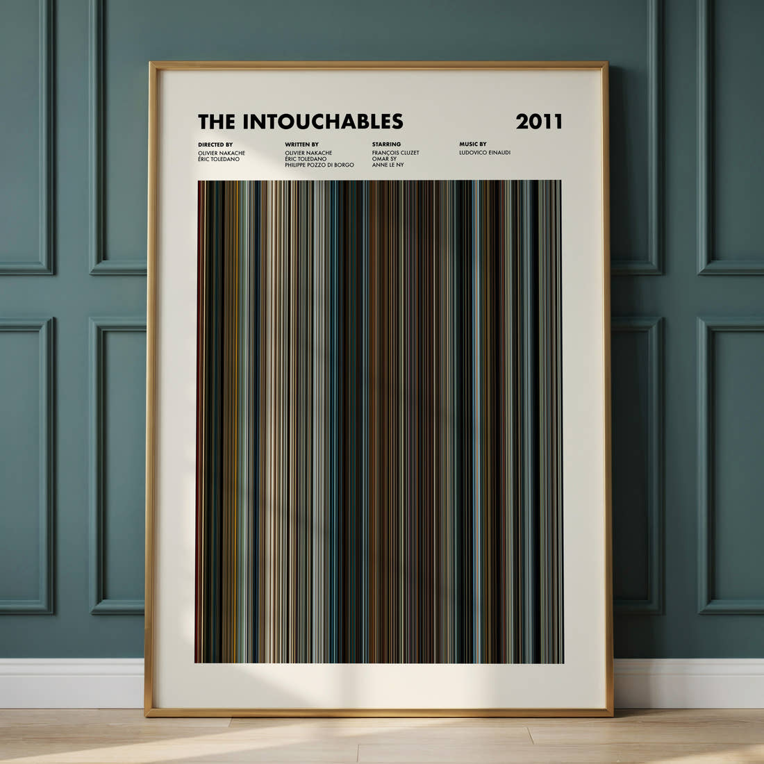 The Intouchables Movie Barcode Poster framed and leaning against a panelled wall