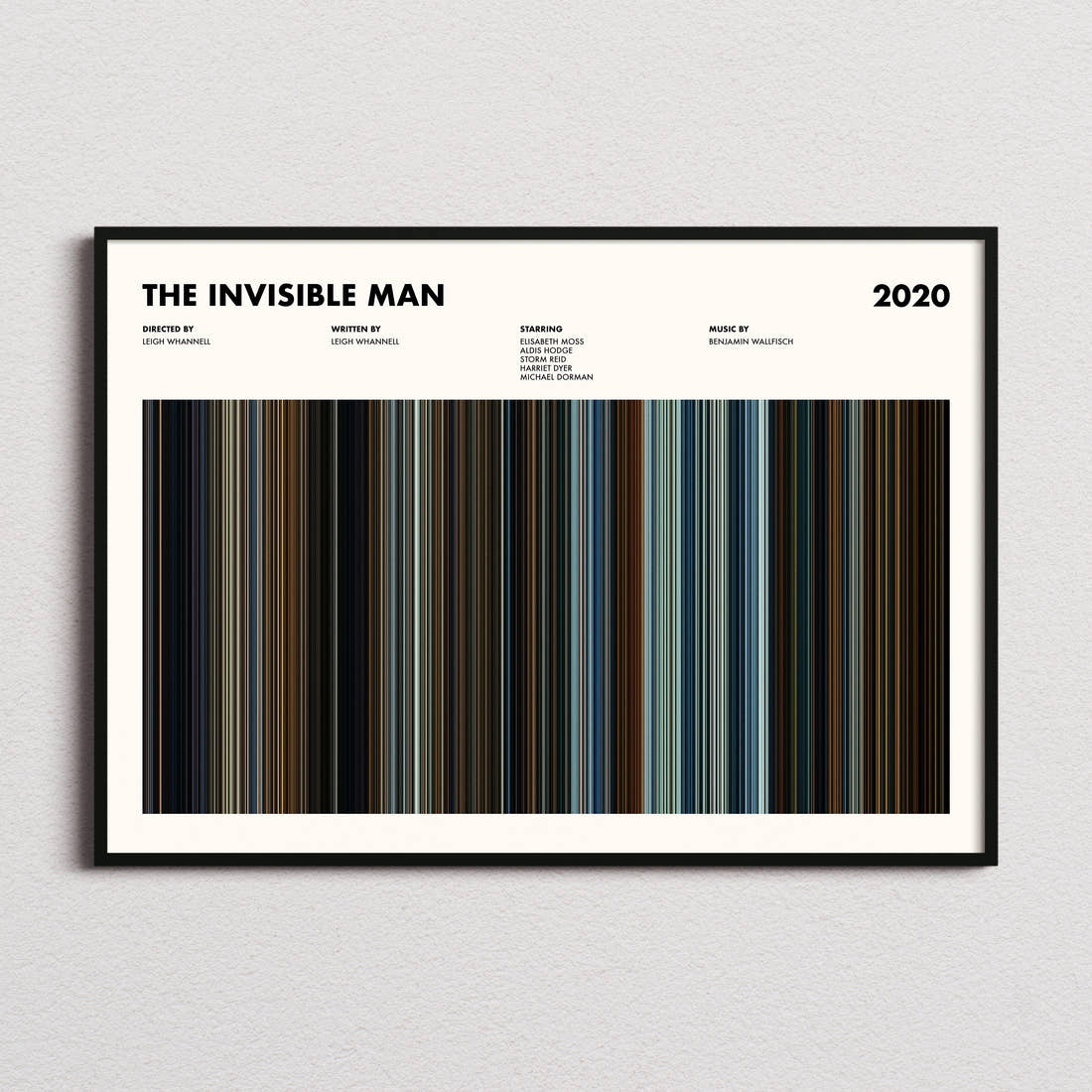 The Invisible Man Movie Barcode Poster framed and photographed straight on
