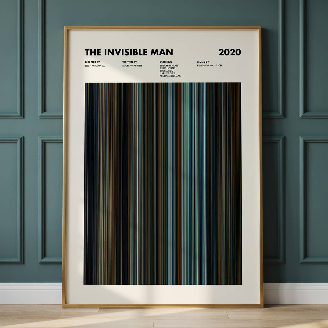 The Invisible Man Movie Barcode Poster framed and leaning against a panelled wall