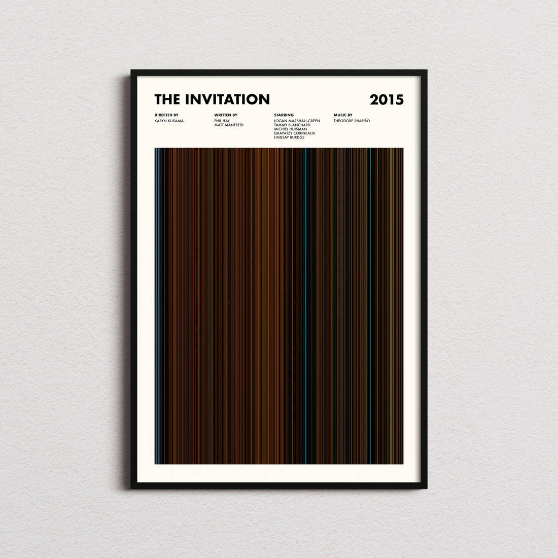 The Invitation (2015) Movie Barcode Poster framed on a plain studio wall