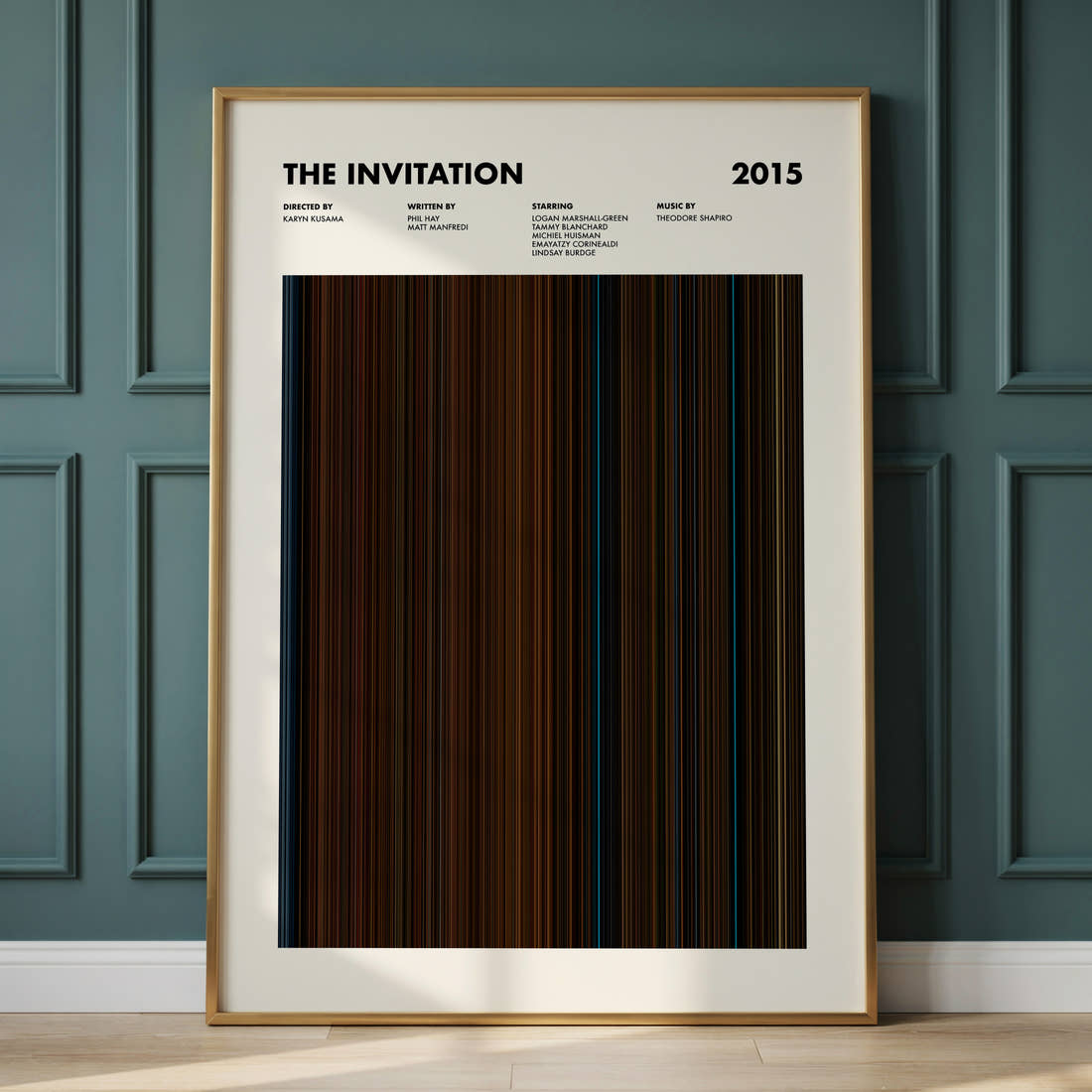 The Invitation (2015) Movie Barcode Poster framed and leaning against a panelled wall
