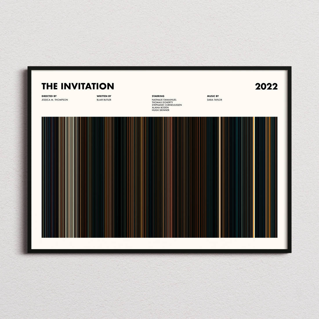 The Invitation (2022) Movie Barcode Poster framed and photographed straight on
