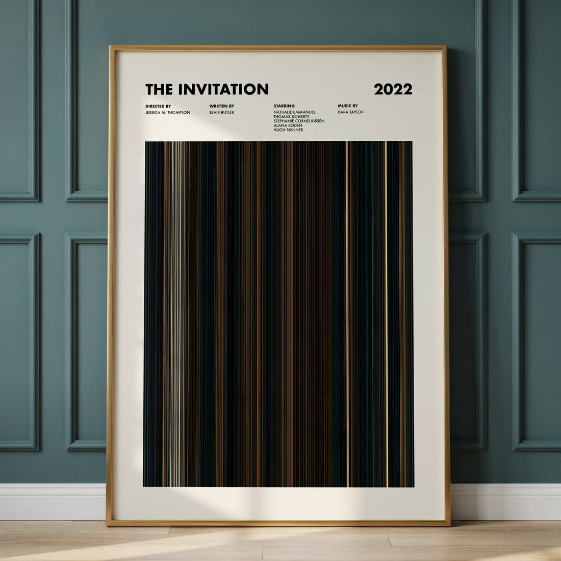 The Invitation (2022) Movie Barcode Poster framed and leaning against a panelled wall
