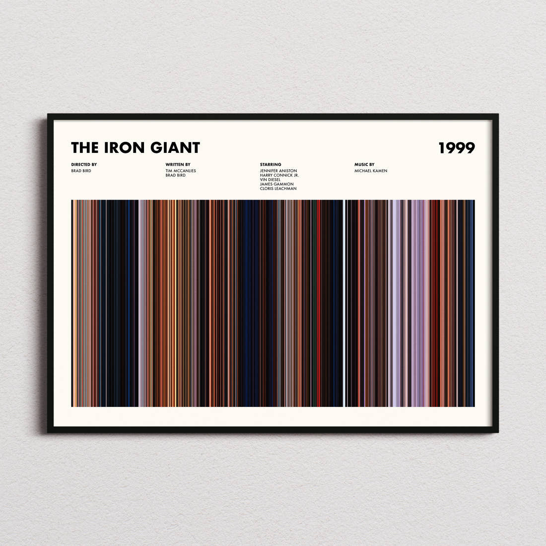 The Iron Giant Movie Barcode Poster framed and photographed straight on