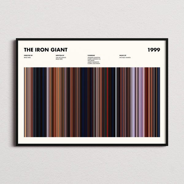 The Iron Giant Movie Barcode Poster framed and photographed straight on