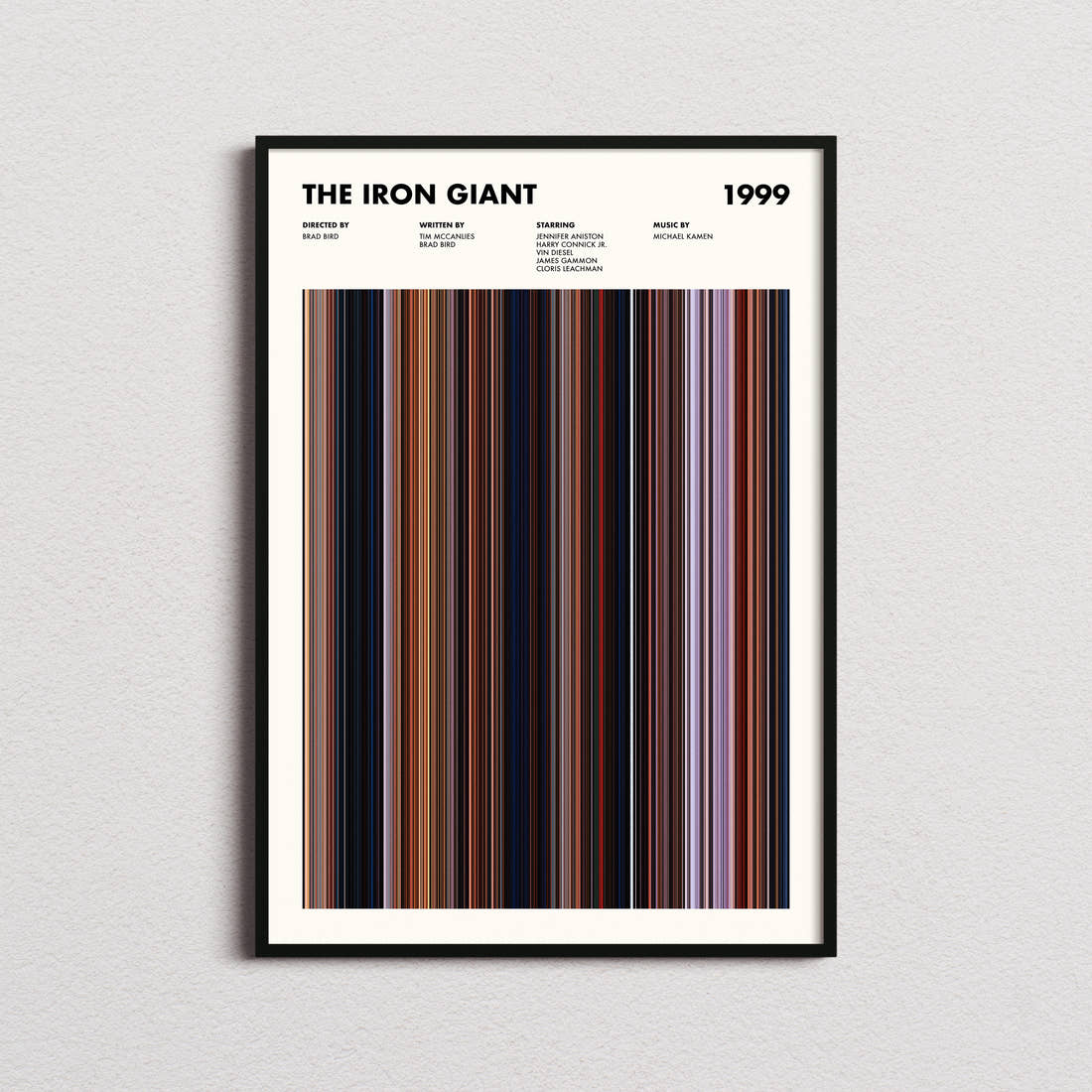 The Iron Giant Movie Barcode Poster framed on a plain studio wall