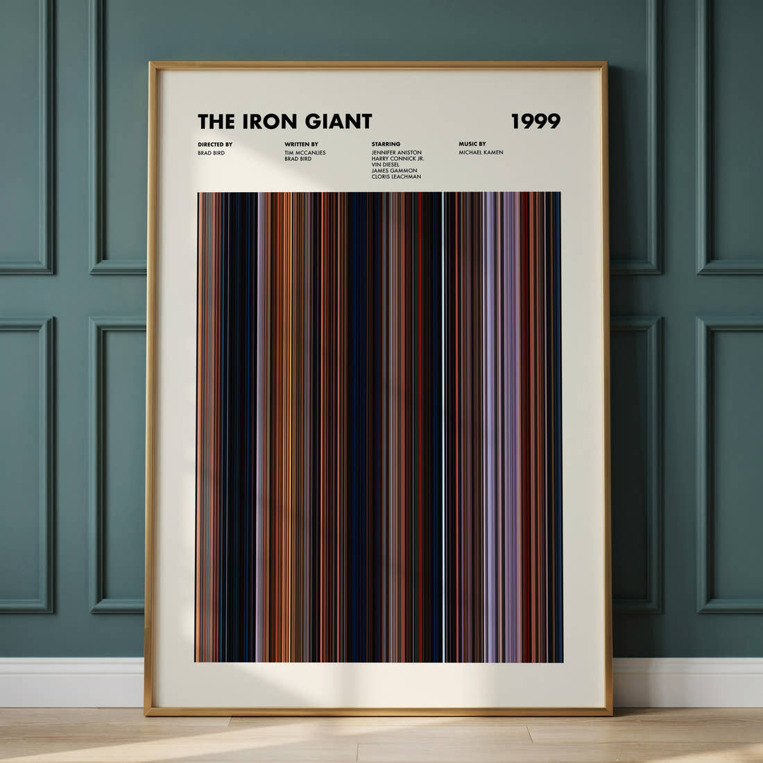 The Iron Giant Movie Barcode Poster framed and leaning against a panelled wall
