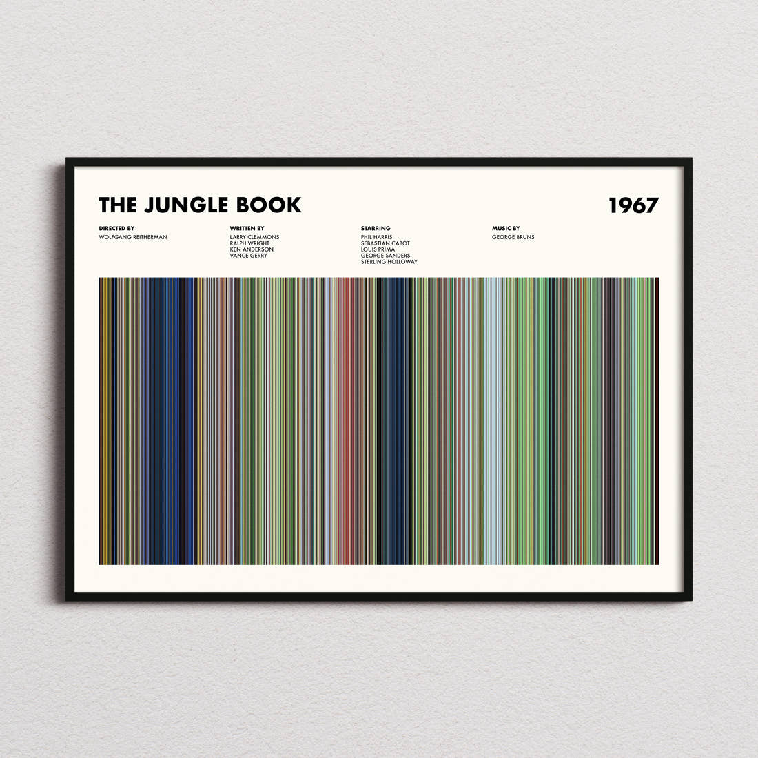 The Jungle Book (1967) Movie Barcode Poster framed and photographed straight on
