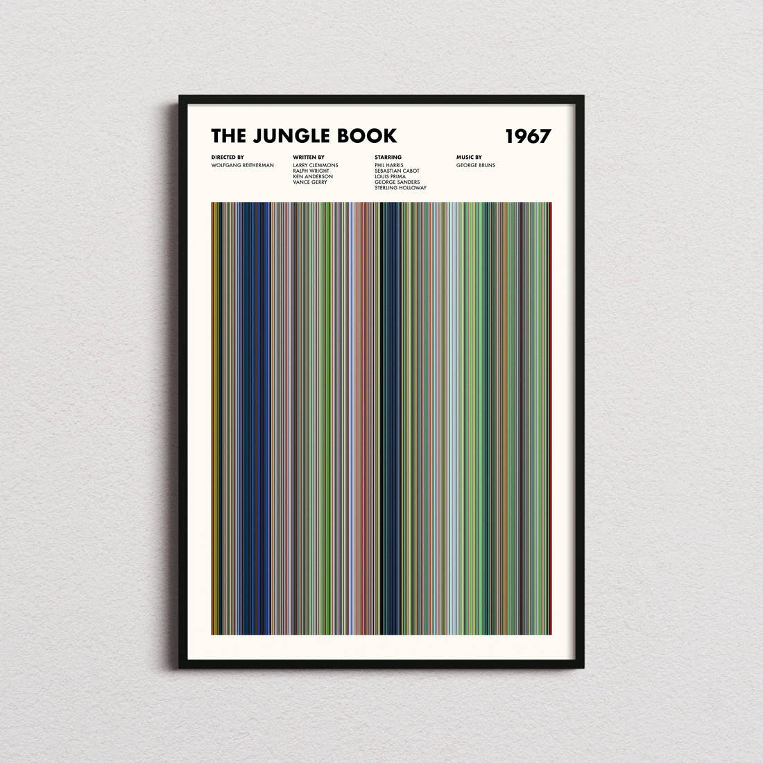 The Jungle Book (1967) Movie Barcode Poster framed on a plain studio wall