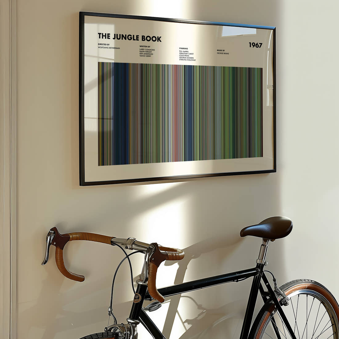 The Jungle Book (1967) Movie Barcode Poster framed on the wall of a styled room setting