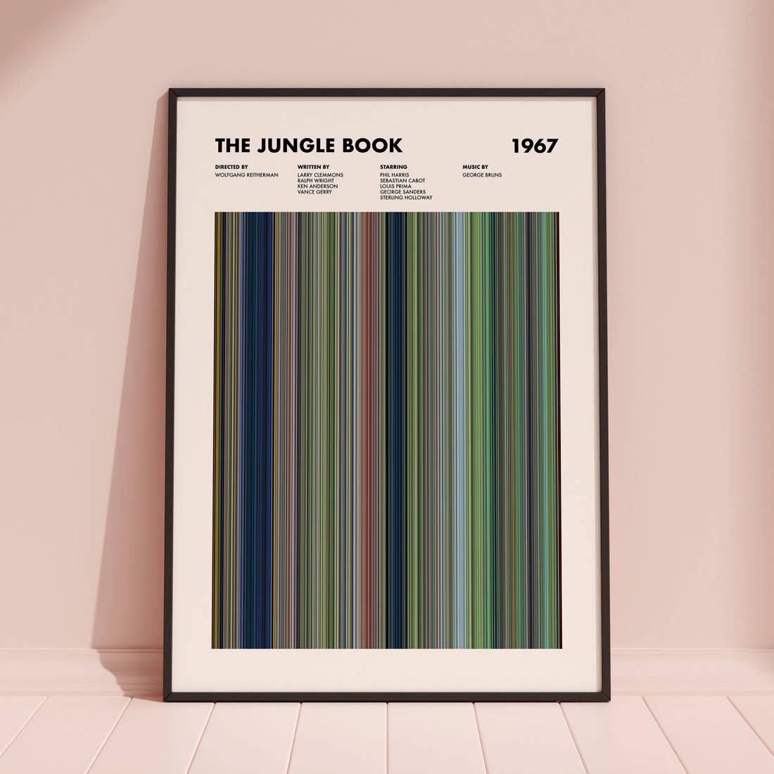The Jungle Book (1967) Movie Barcode Poster framed and leaning against a coloured wall