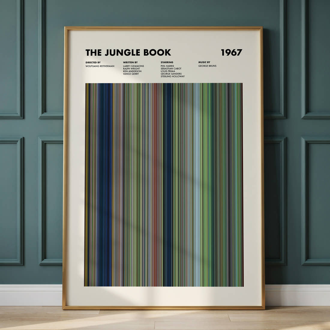 The Jungle Book (1967) Movie Barcode Poster framed and leaning against a panelled wall