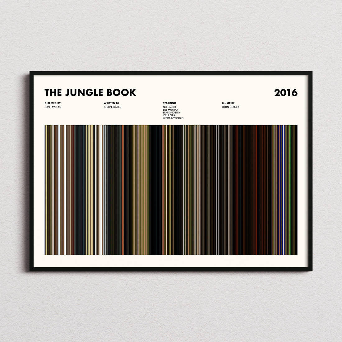 The Jungle Book (2016) Movie Barcode Poster framed and photographed straight on