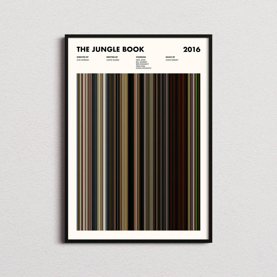 The Jungle Book (2016) Movie Barcode Poster framed on a plain studio wall