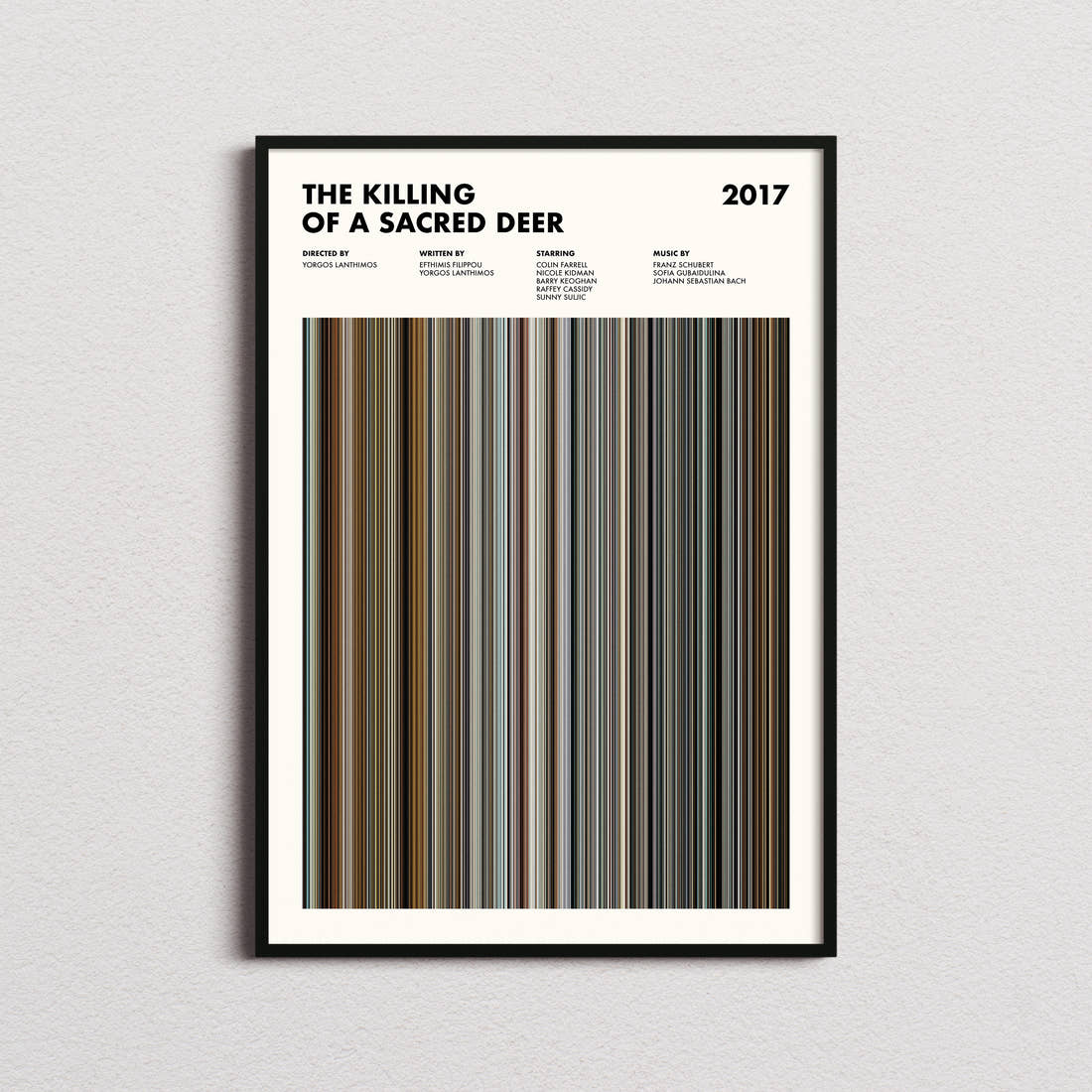 The Killing Of A Sacred Deer Movie Barcode Poster framed on a plain studio wall