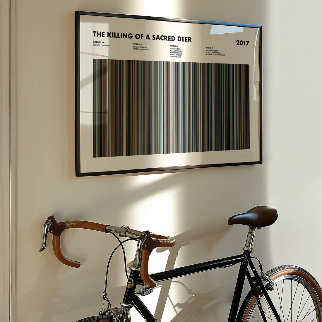 The Killing Of A Sacred Deer Movie Barcode Poster framed on the wall of a styled room setting
