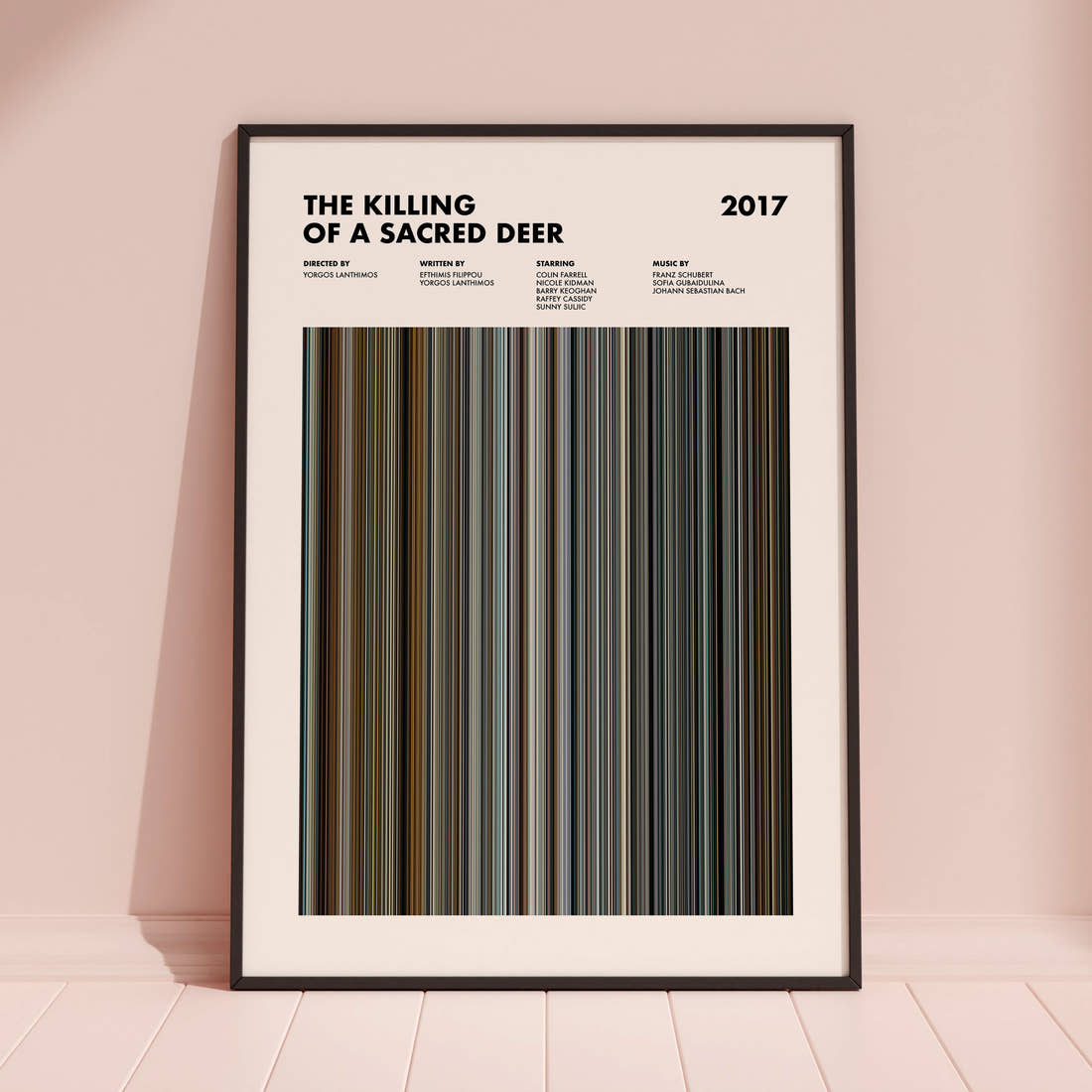The Killing Of A Sacred Deer Movie Barcode Poster framed and leaning against a coloured wall
