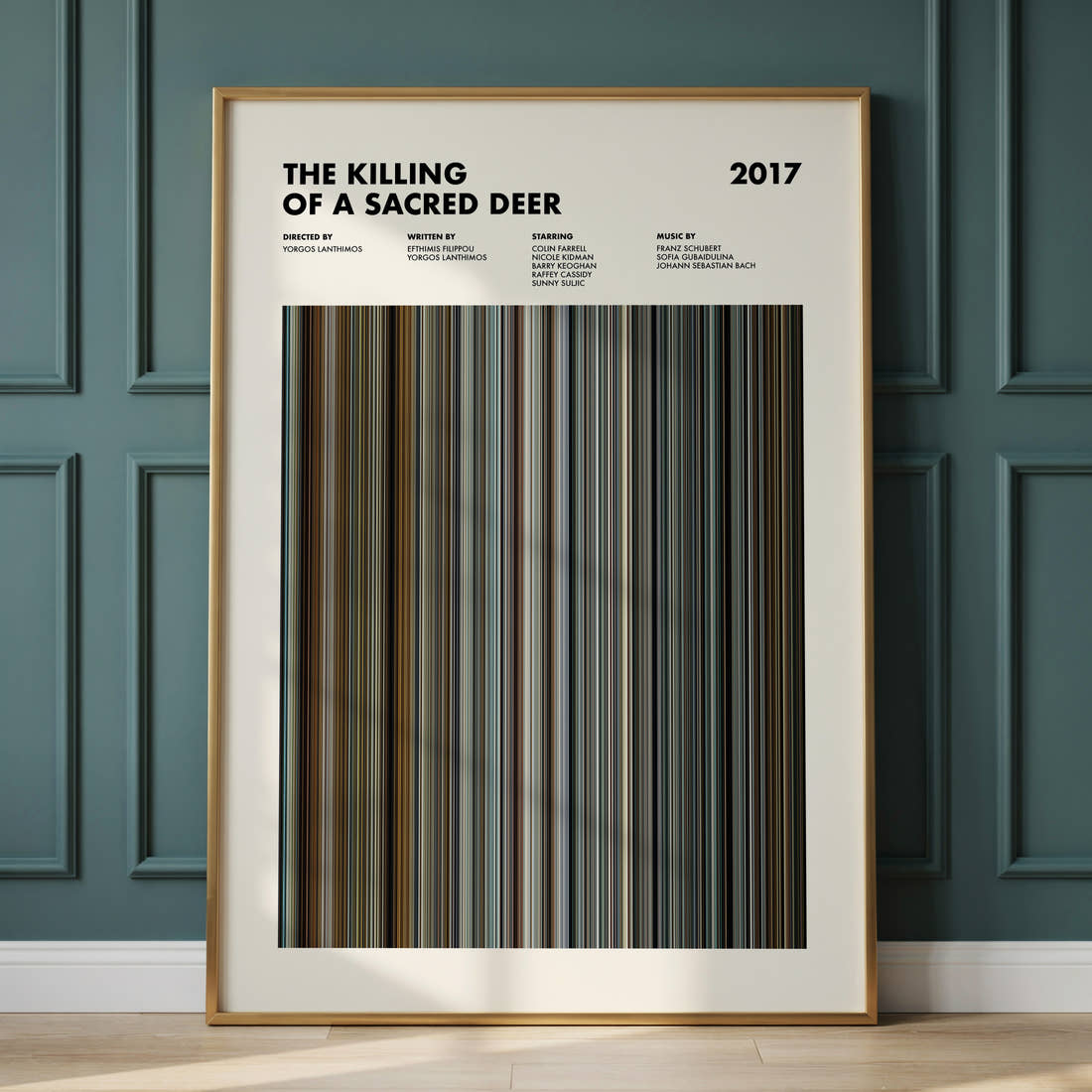 The Killing Of A Sacred Deer Movie Barcode Poster framed and leaning against a panelled wall