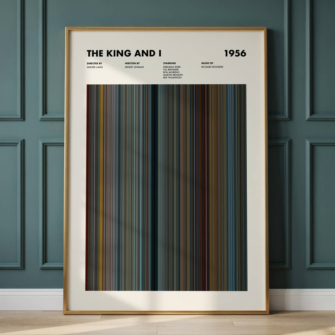 The King And I Movie Barcode Poster framed and leaning against a panelled wall