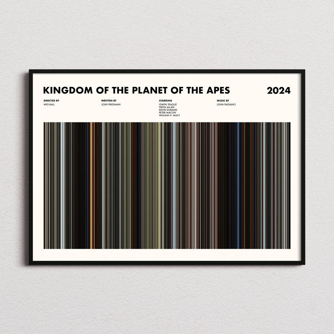 Kingdom of the Planet of the Apes Movie Barcode Poster framed and photographed straight on