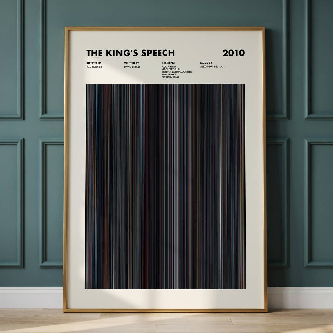The King's Speech Movie Barcode Poster framed and leaning against a panelled wall
