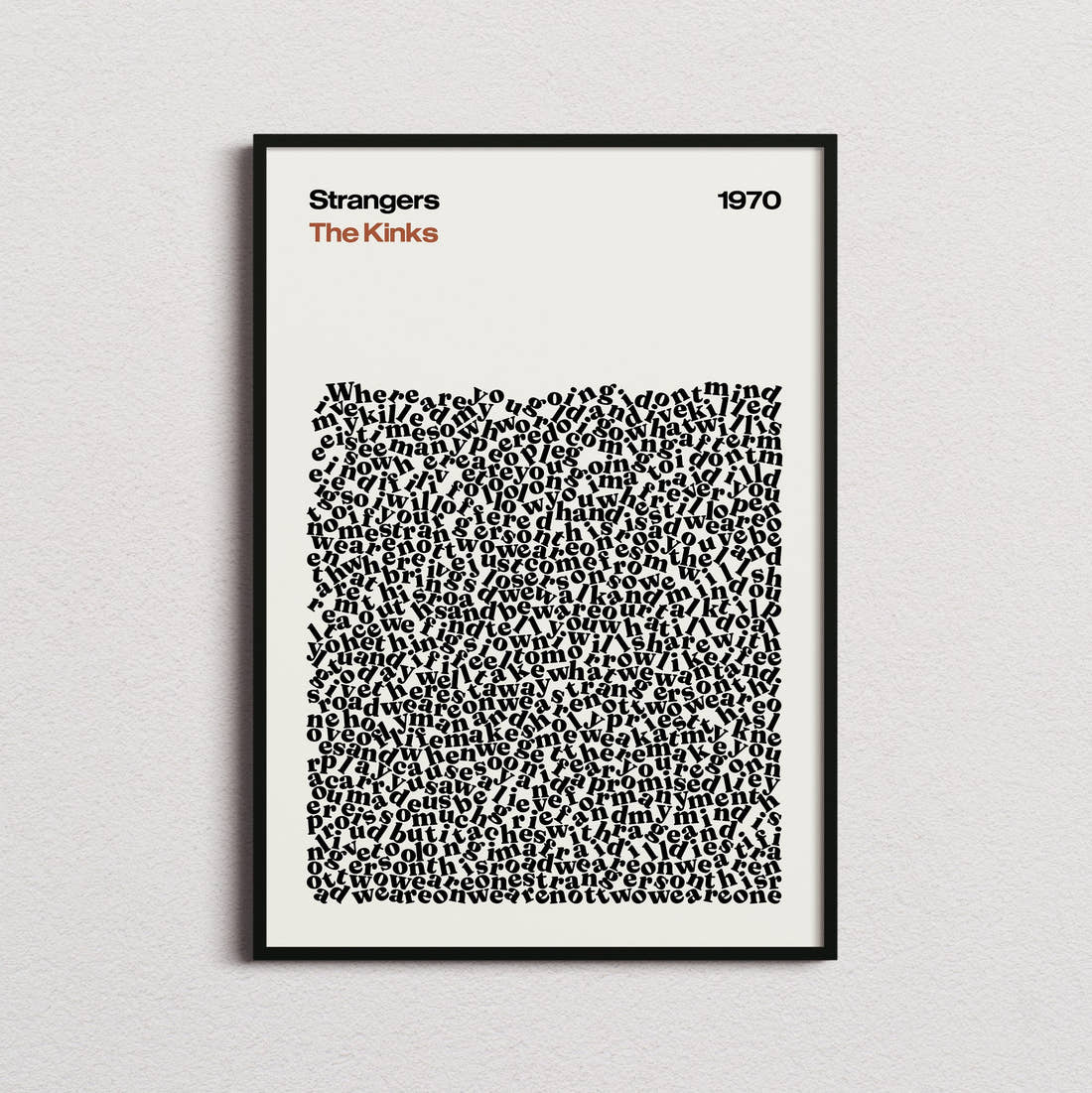 The Kinks Strangers Lyric Print in the cream colourway, framed