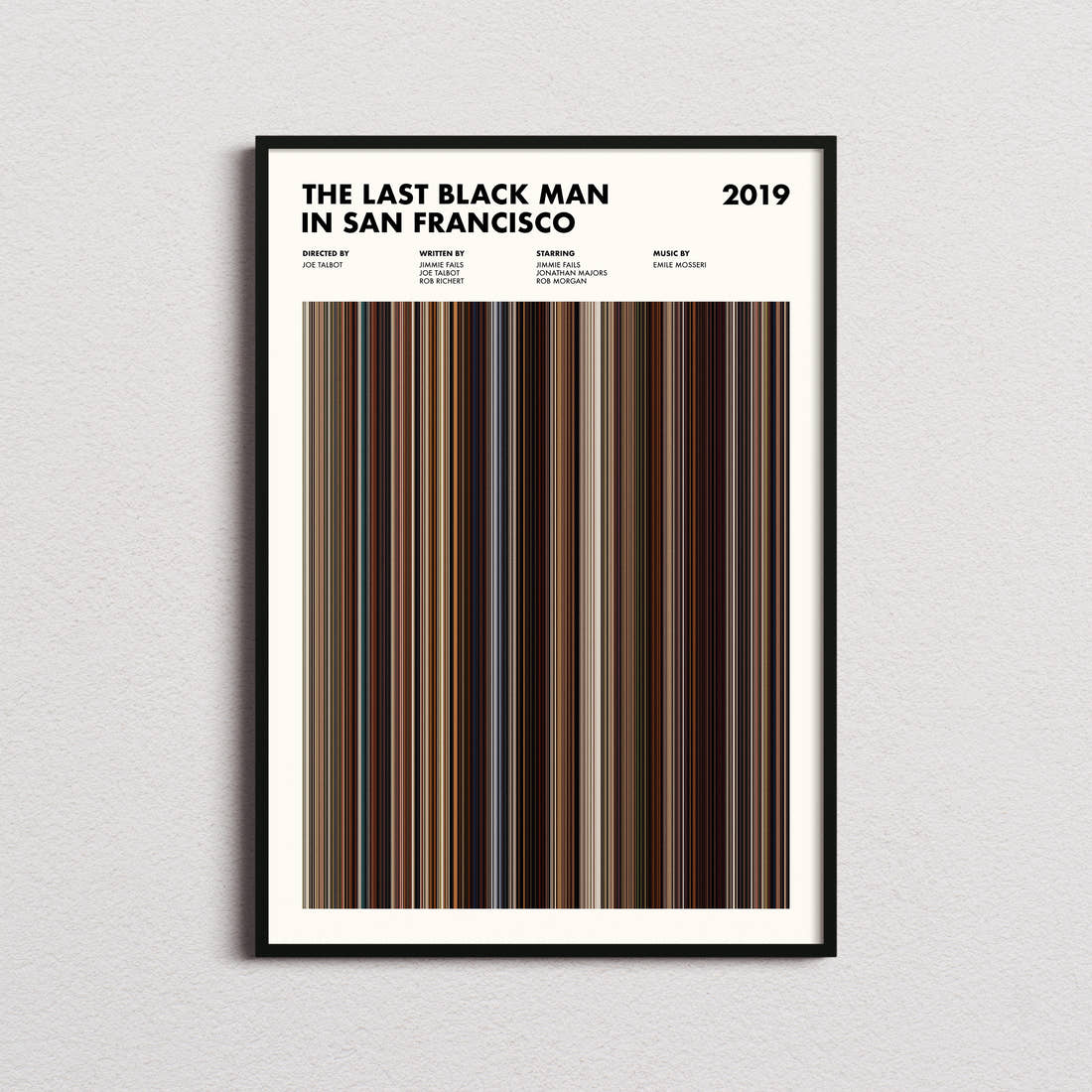 The Last Black Man In San Francisco Movie Barcode Poster framed on a plain studio wall