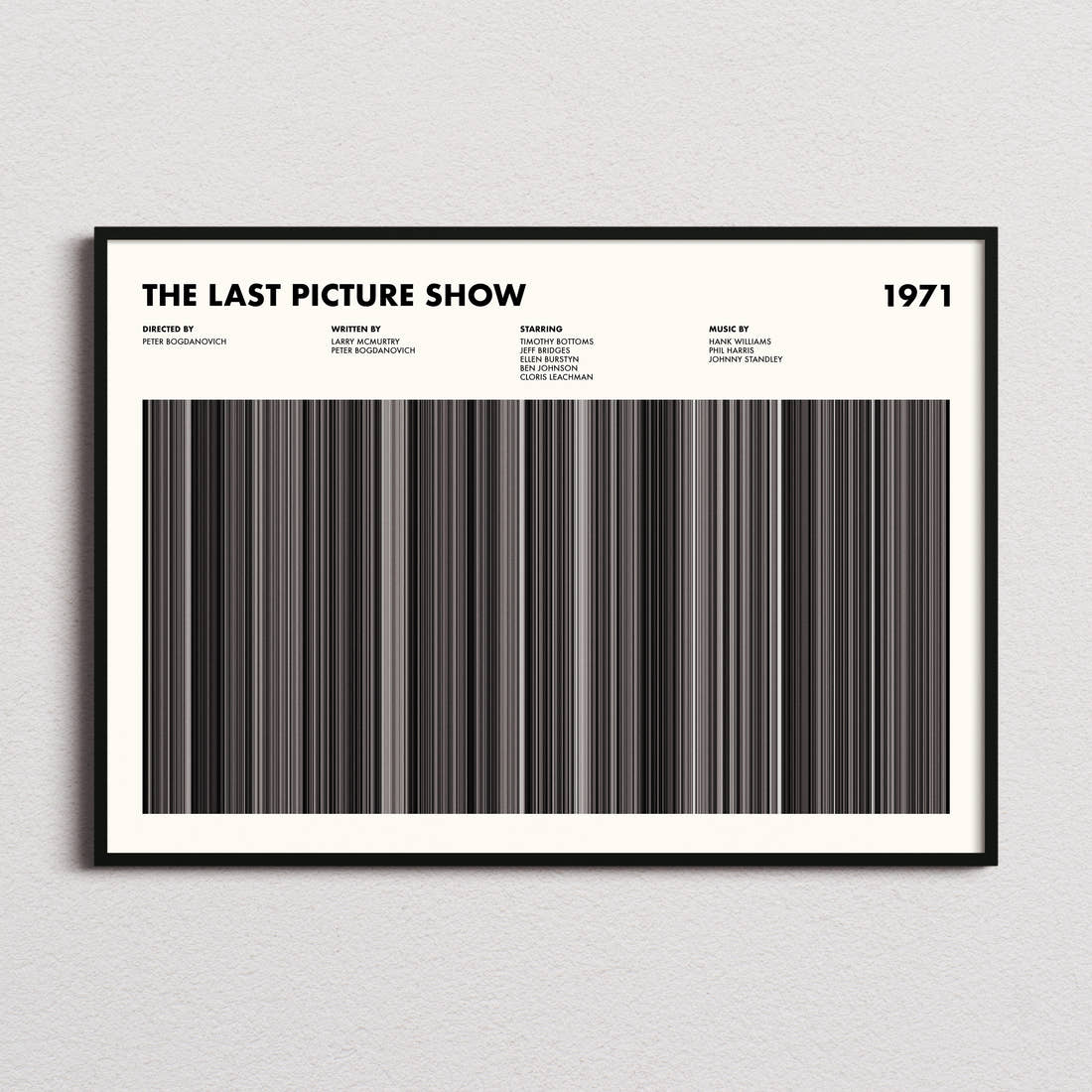 The Last Picture Show Movie Barcode Poster framed and photographed straight on