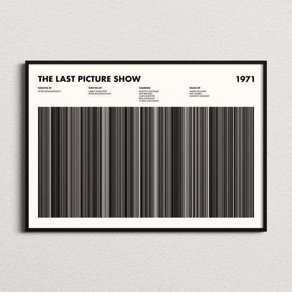 The Last Picture Show Movie Barcode Poster framed and photographed straight on