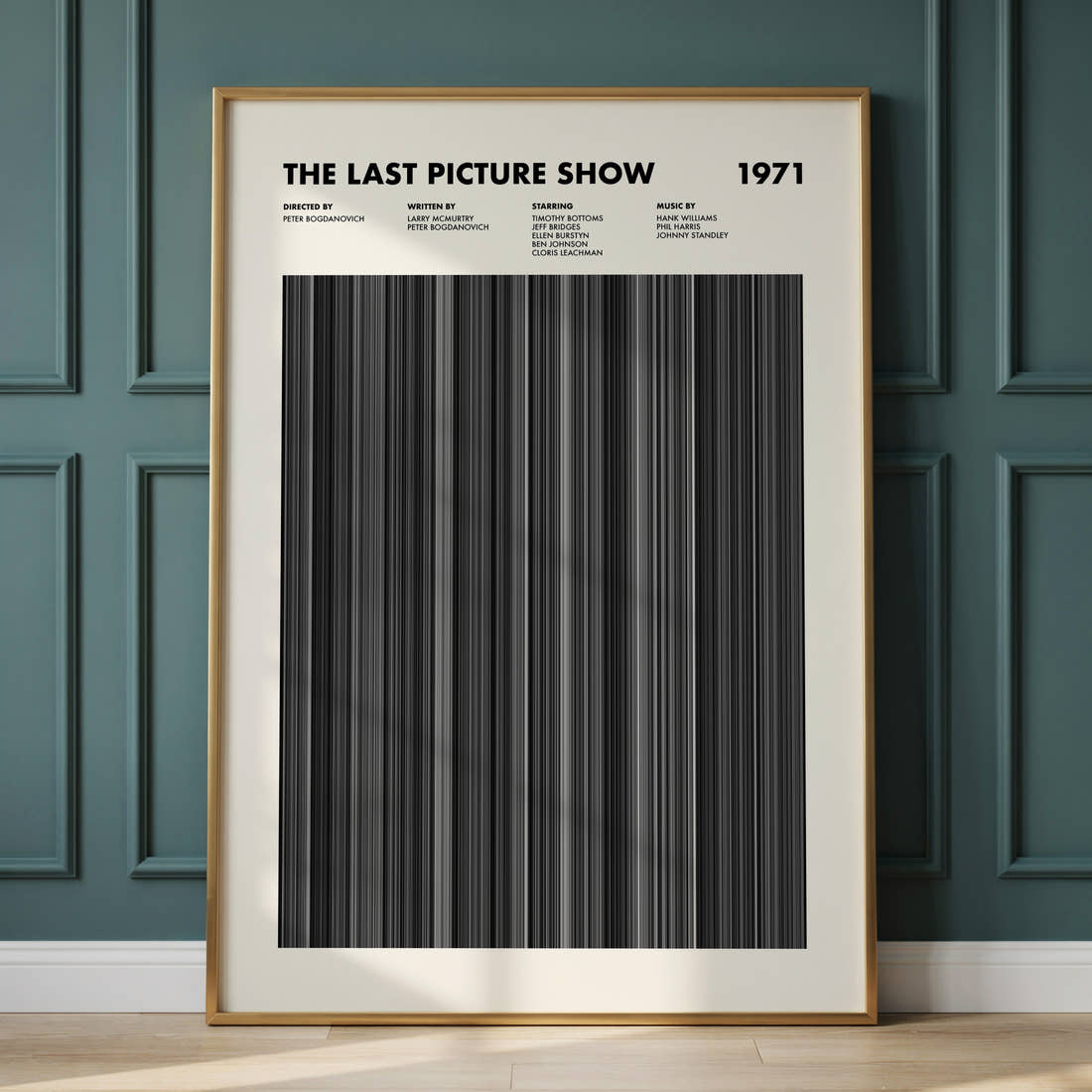 The Last Picture Show Movie Barcode Poster framed and leaning against a panelled wall