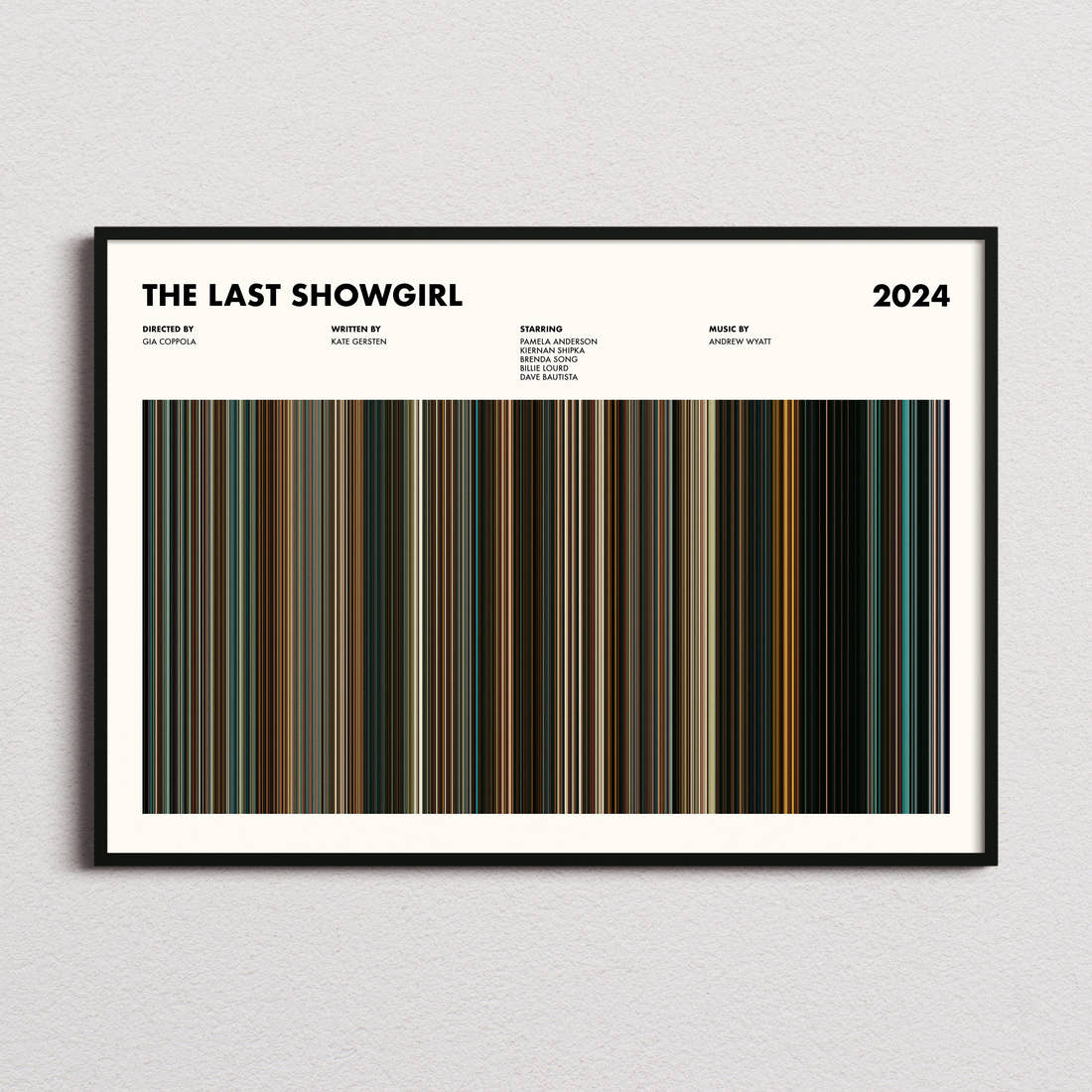The Last Showgirl Movie Barcode Poster framed and photographed straight on
