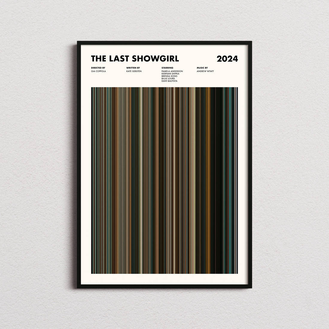 The Last Showgirl Movie Barcode Poster framed on a plain studio wall