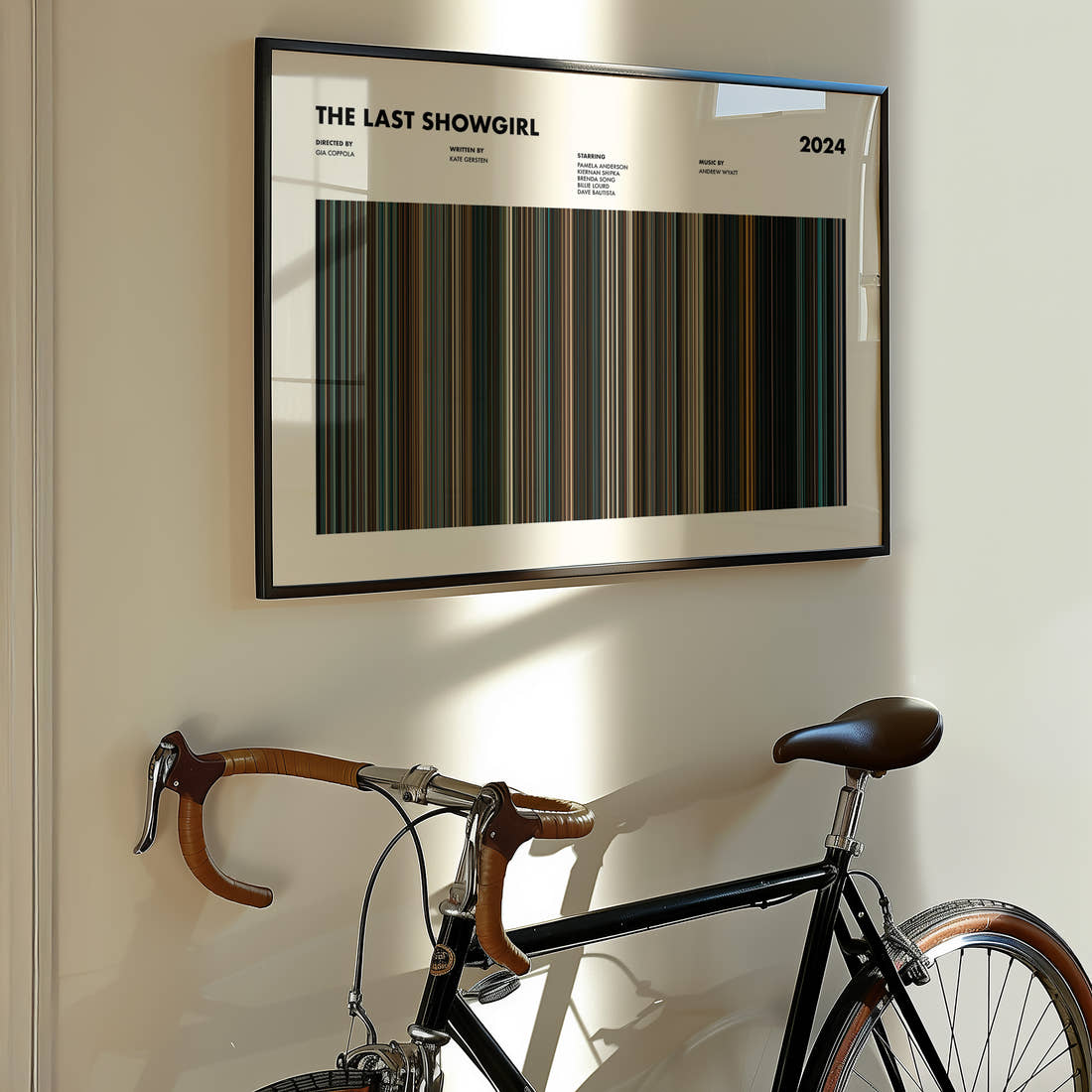 The Last Showgirl Movie Barcode Poster framed on the wall of a styled room setting