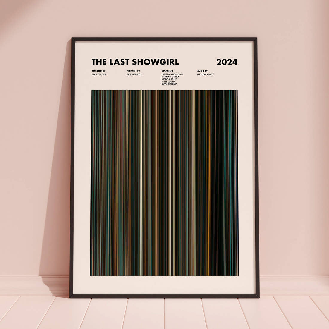 The Last Showgirl Movie Barcode Poster framed and leaning against a coloured wall