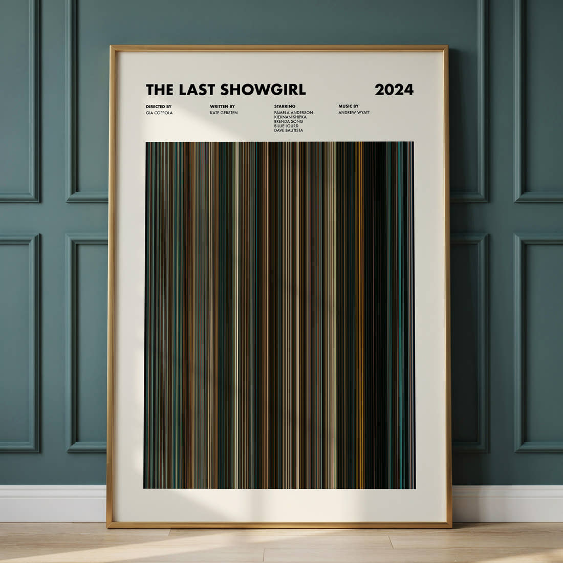 The Last Showgirl Movie Barcode Poster framed and leaning against a panelled wall