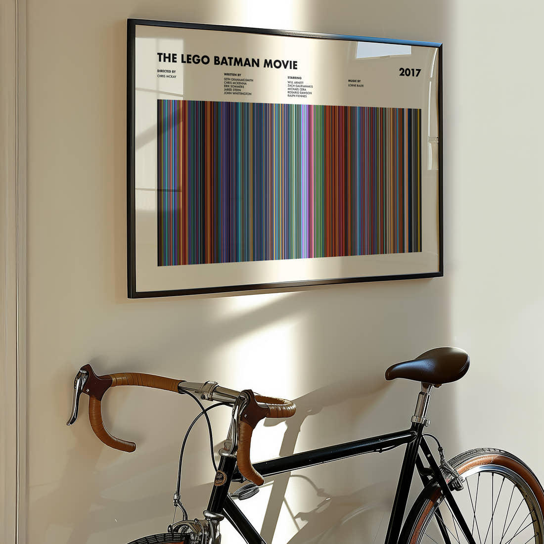 The Lego Batman Movie Barcode Poster framed on the wall of a styled room setting