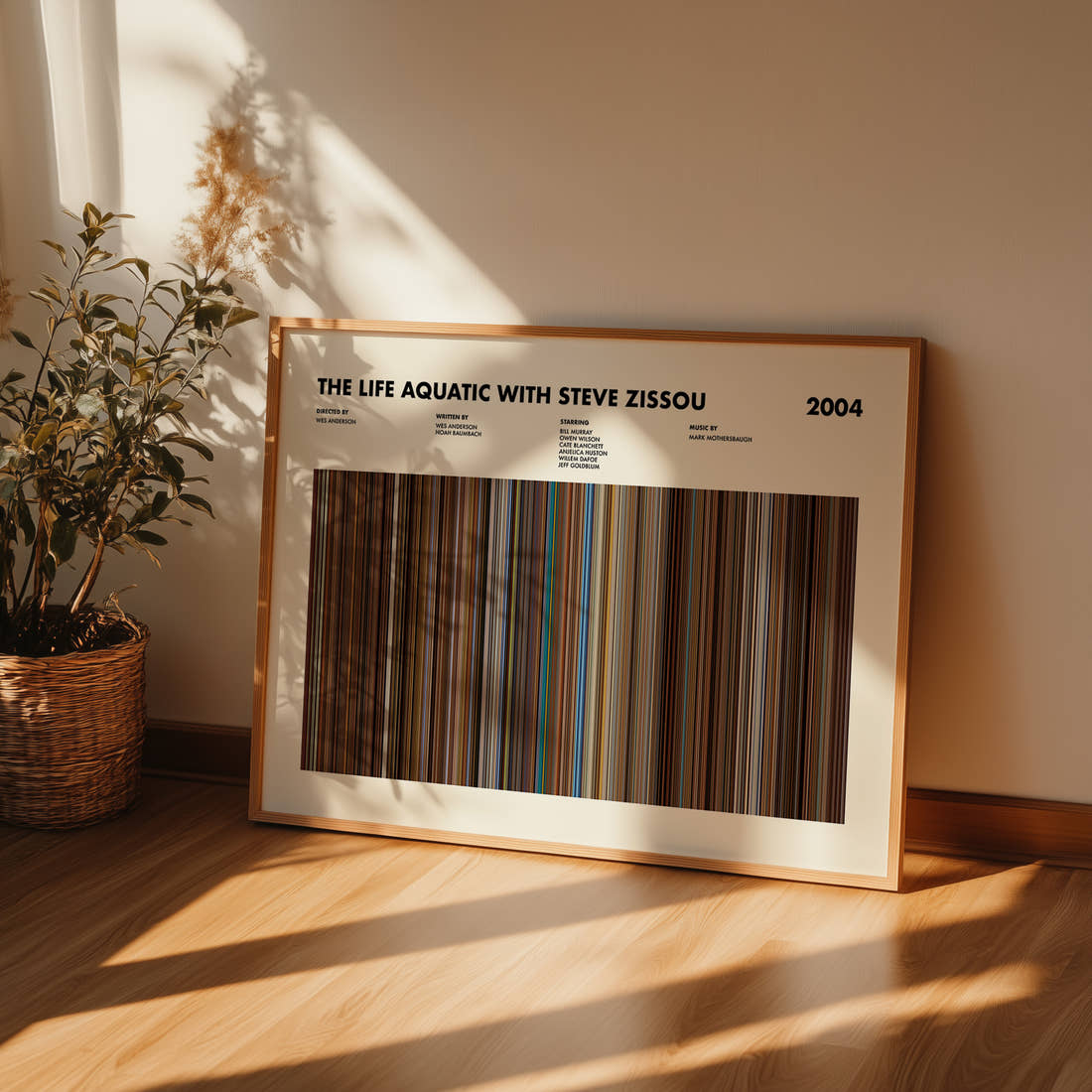 The Life Aquatic With Steve Zissou Movie Barcode Poster framed and leaning against a wall on a wooden floor