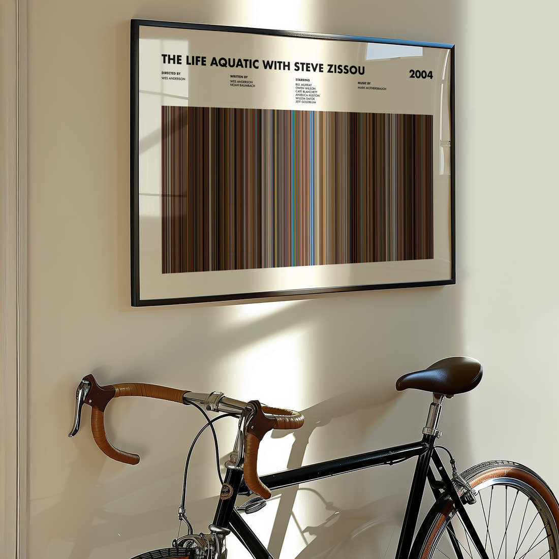 The Life Aquatic With Steve Zissou Movie Barcode Poster framed on the wall of a styled room setting
