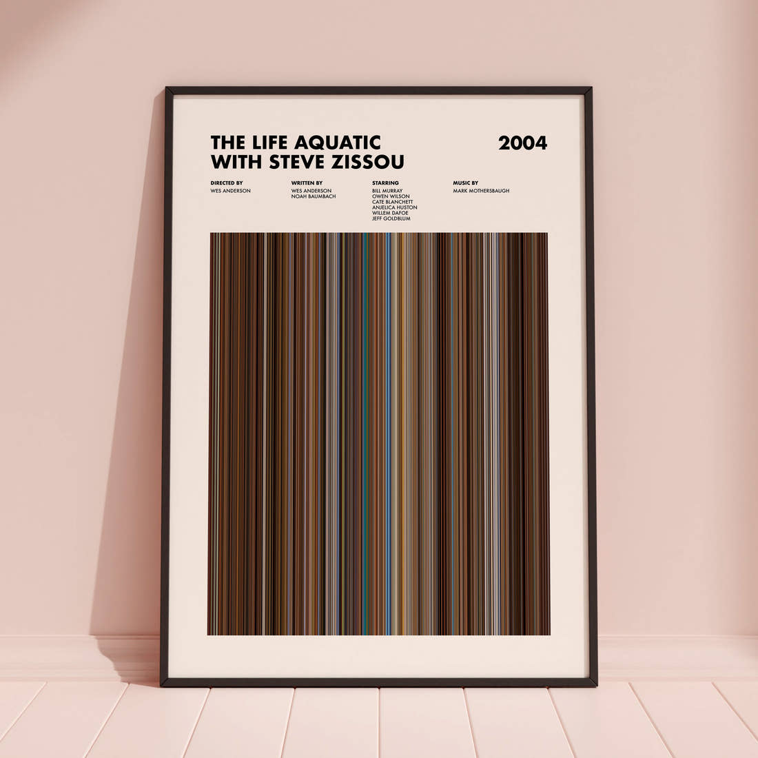 The Life Aquatic With Steve Zissou Movie Barcode Poster framed and leaning against a coloured wall
